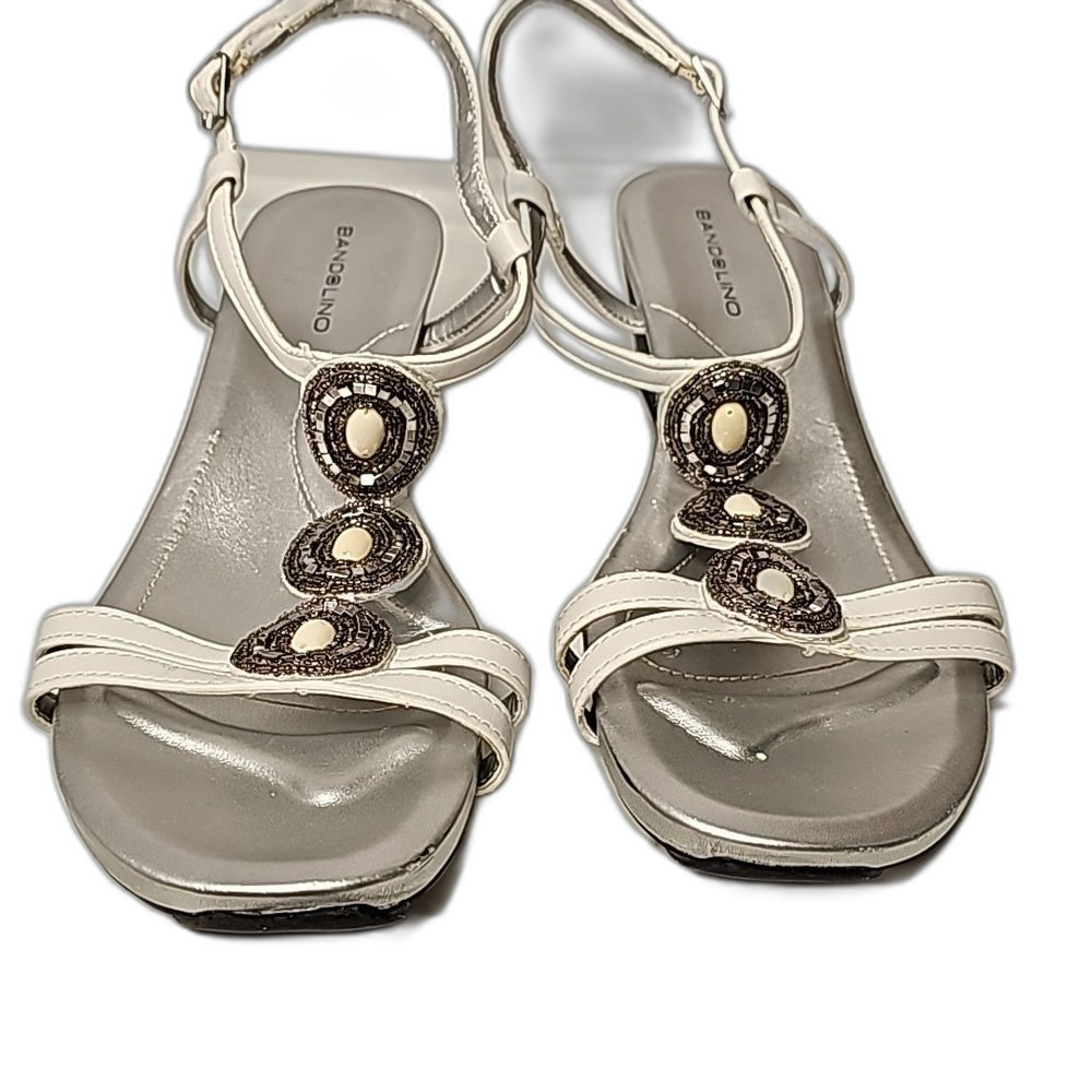 Bandolino Sandals Wedges White with Silver Embellishments Black Sole Sz 9.5